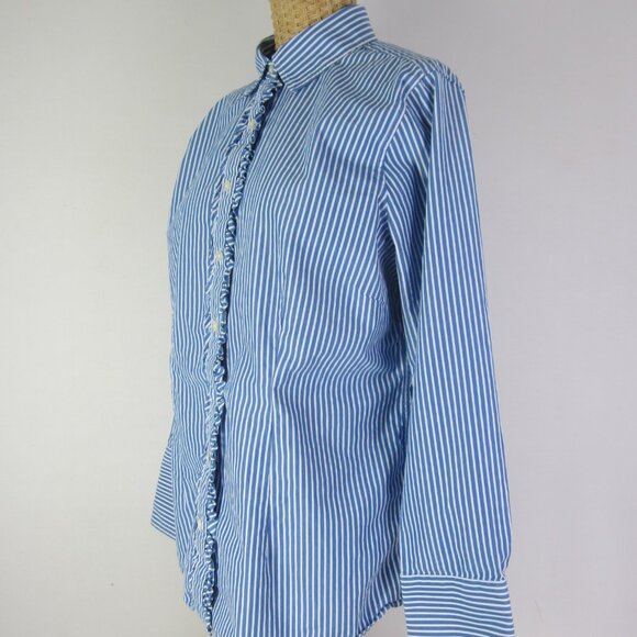 Lands End Women 14 Blue White Stripe Cotton Shirt Blouse Ruffle Nautical Classic - Picture 6 of 10